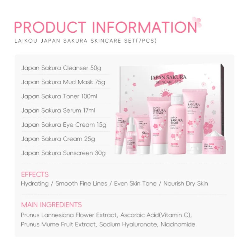 LAIKOU Sakura 7-Piece Skincare Set – Hydrate, Brighten & SPF 50