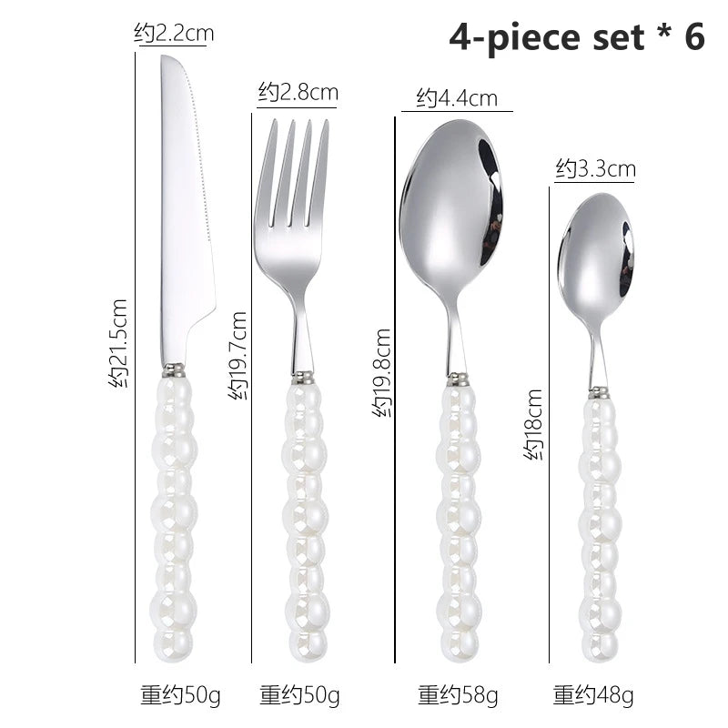 24-Piece Pearl Handle Stainless Steel Cutlery Luxury Forged Knife Fork Spoon Shell Spoon Kits Dessert Steak Dining Tableware Oasis Select Pearl-white-24pcs