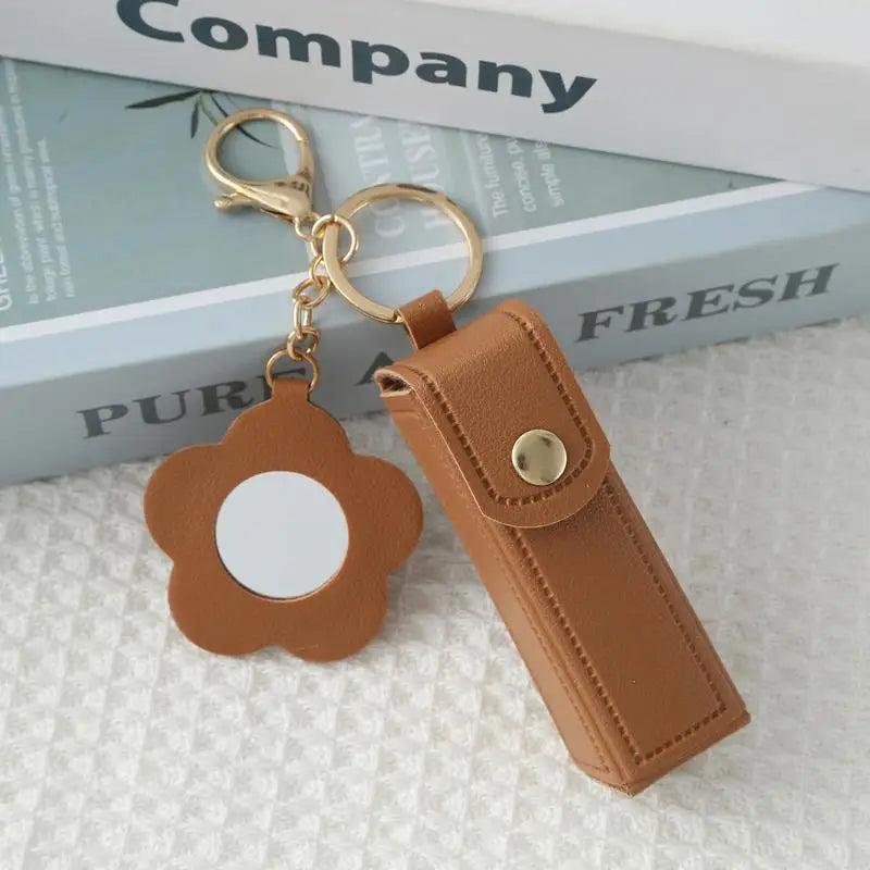 PU Leather Lipstick Holder Keychain with Flower Mirror