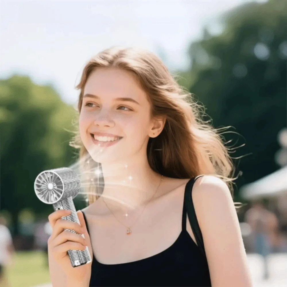 Small Size Mini Portable Fan LED Powered Cute Design LED Personal Fan Long-Lasting Battery Sparkling Imitation Diamonds Oasis Select