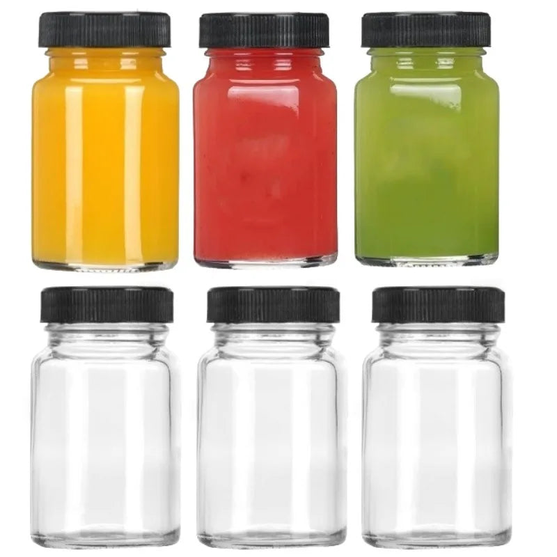6Pcs Thickened Transparent Mini Glass Bottle with Black Sealed Lid, Reusable Empty Travel Container for Drink Sample Storage Oasis Select