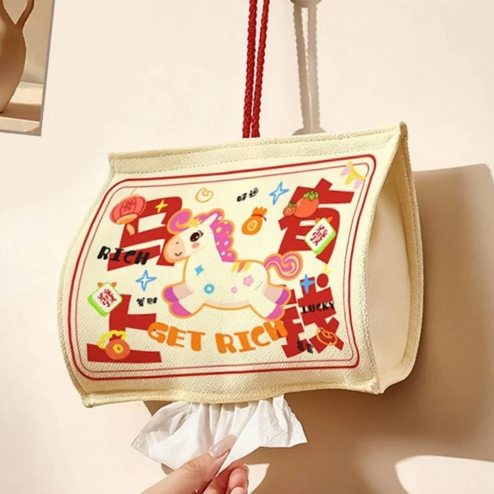 New Year Wealth Prosperity Wall Mounted Tissue Box Hanging Canvas Tissue Bag Wet Wipes Case Removable Napkins Paper Holder Oasis Select Style 1