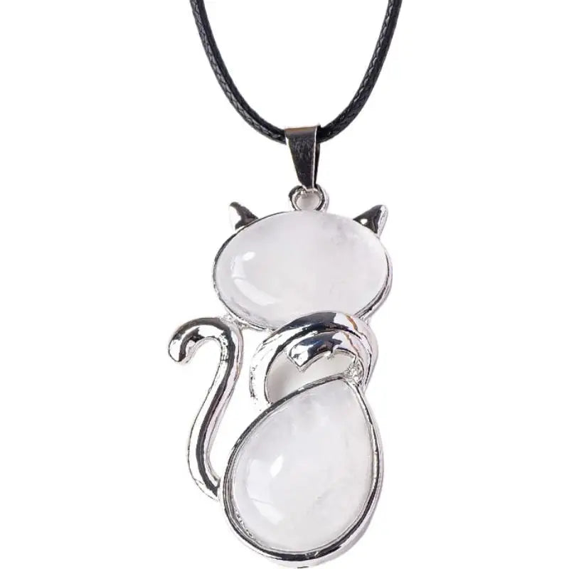 Natural Stone Cat Pendant – Amethyst, Tiger Eye & Crystal