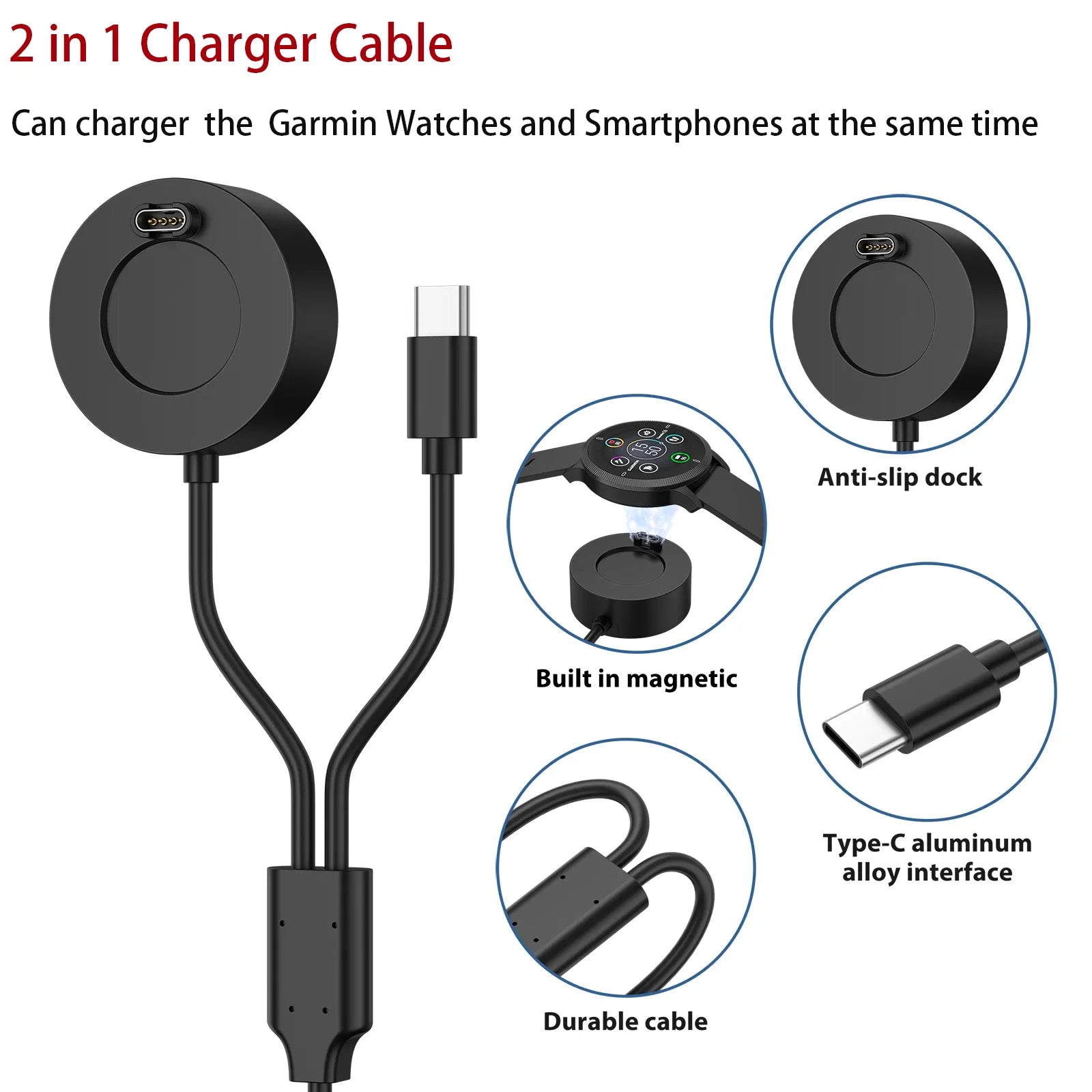 2-in-1 USB-C Charger Cable for Garmin Fenix 7/6/5X, Venu 2 Smartwatch Charger Cable Oasis Select