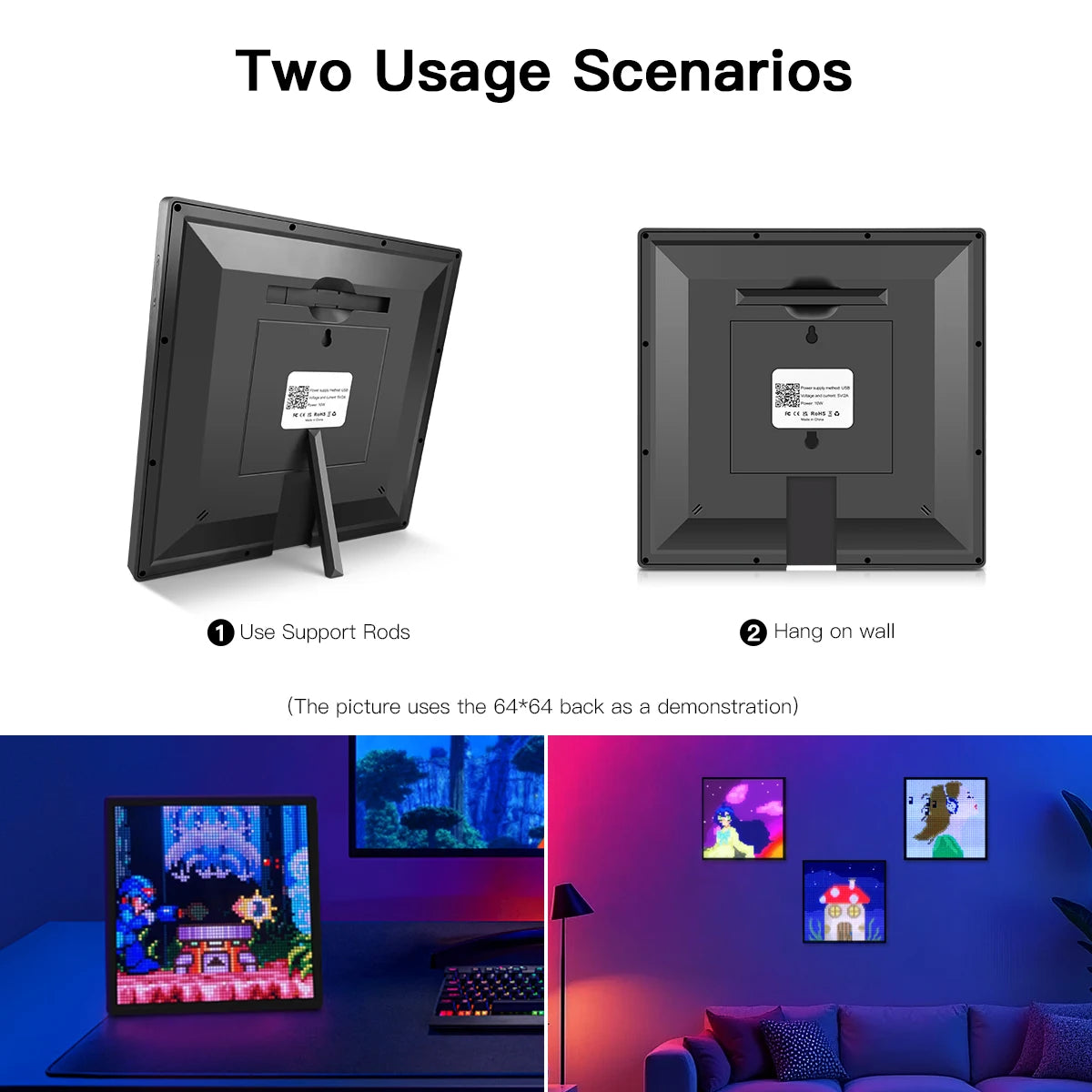 64x64 Pixel LED Screen Smart RGB USB ED Pixel Display Frame 16x16 32x32 DIY Graffiti Patterns Text for Gaming Room Decor Clock Oasis Select