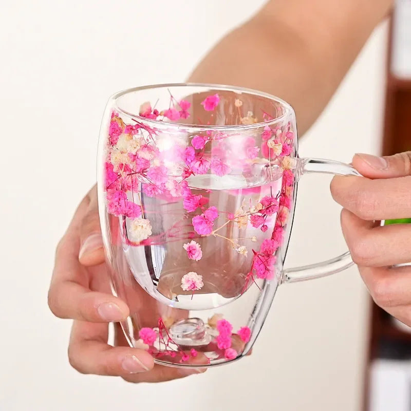 1PCS 300ml Double Wall Glass Cup with Handle Dried Flower Decorated Ins StyleDurable Coffee Milk Mug Heat Resistant Tea Cups Oasis Select