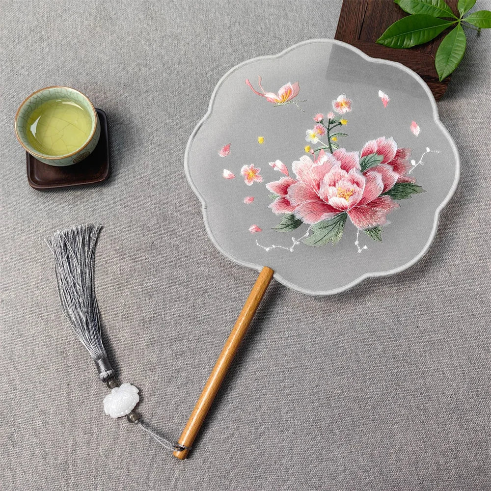 Flower Embroidered Silk Round Fan Chinese Hand Fans with Wooden Handle Tassel Wedding Party Dance Accessories Home Decor Oasis Select Style 8