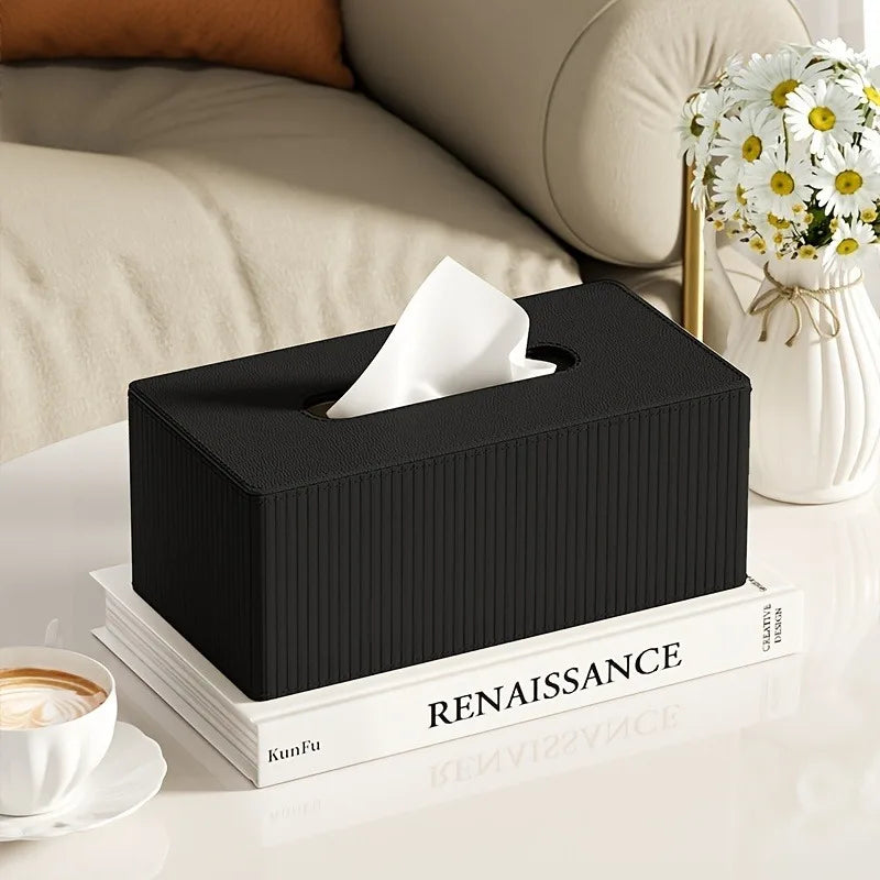 1pc Luxury Leather Tissue Box Holder, Striped Design 3 Colors, Square Tissue Box Cover for Home Office Bathroom Oasis Select black