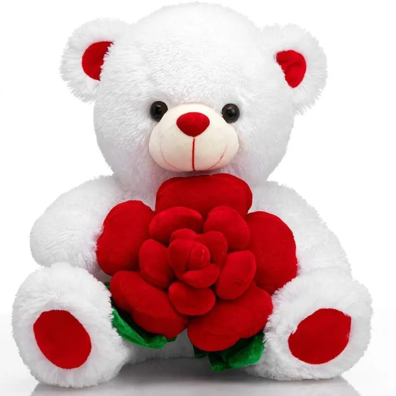 Valentines Day Bear Holding Rose Plush Toy Stuffed Animal Birthday Present for Girlfriend Wife Romantic Keepsake Home Decor Doll Oasis Select White