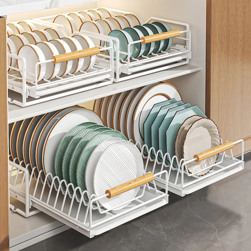 Kitchen Household Drain Bowl Rack Layered Seasoning Bowl Rack in Cabinet Double Layer Drawer Type Pull Basket Dish Storage Rack Oasis Select
