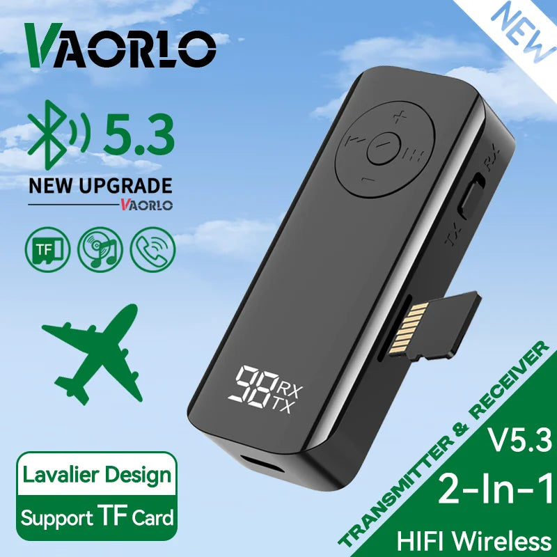 Bluetooth 5.3 Audio Transmitter Receiver 3.5MM AUX Support TF Card Play MIC Collar-Clip Wireless Adapter For Car Airplane TV PC Oasis Select
