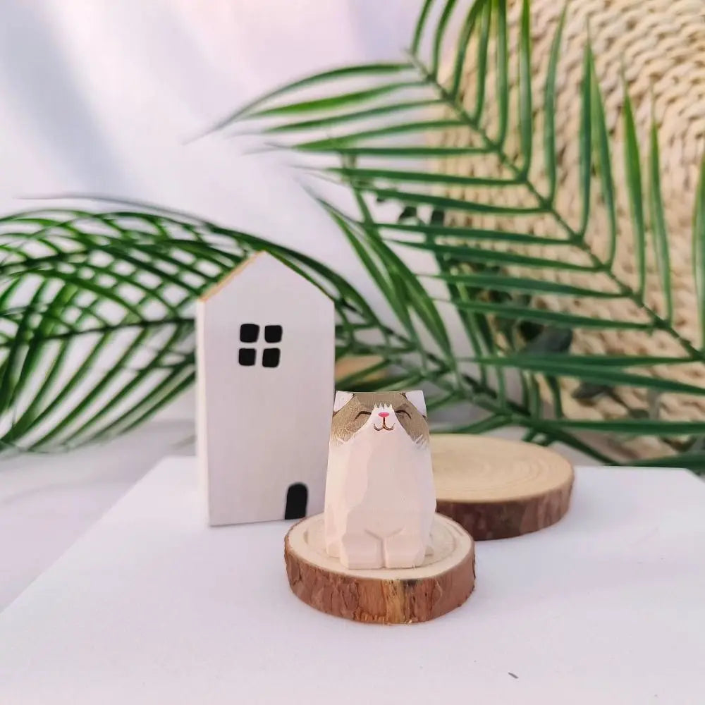 Mini Wooden Cat & Dog Figurine | Cute Painted Animal Statue