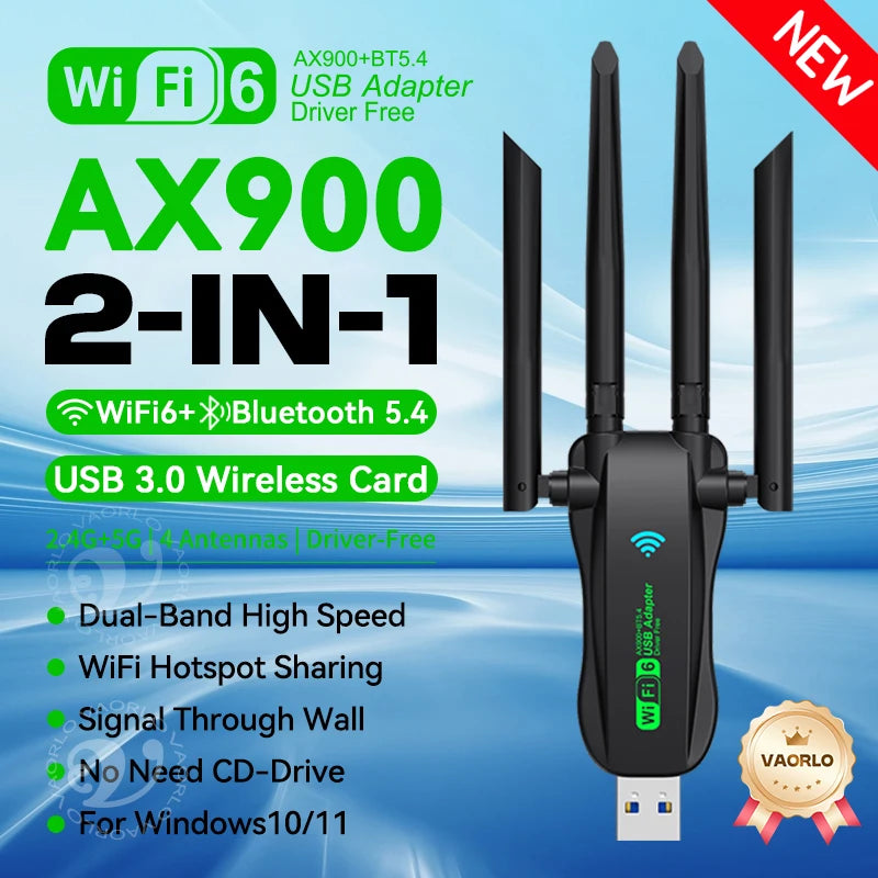 WIFI6 AX900 USB WiFi Bluetooth 5.4 Wireless Adapter Dual Band 2.4G+5GHz 4 Antennas 900Mbps Network Card Receiver For WIN 10/11 Oasis Select WiFi6 BT5.4