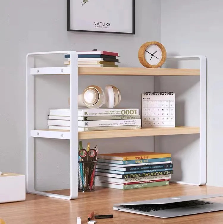 Tiered Desktop Bookshelf Desk Organizer | Steel & Wood Shelf
