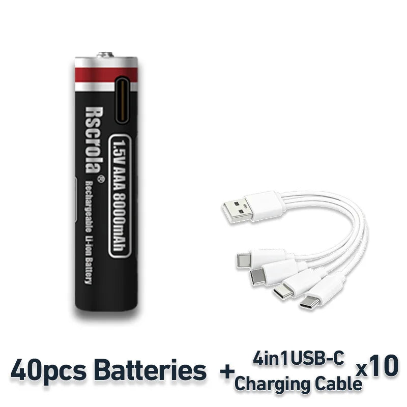 1.5V AAA Rechargeable Li-ion Battery 8000mAh Type-C USB Fast Charging for Toys Shaver Smart Home Devices Oasis Select 40 PCS AAA Batteries