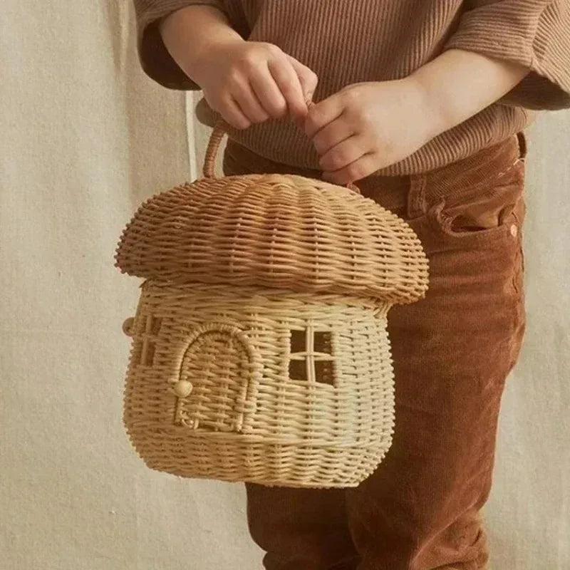 Handmade Mushroom Basket Bag Rattan Woven Baskets Straw Storage Box Vacation Picnic Basket Kid Toy Sundries Storage Basket Oasis Select Dark Khaki