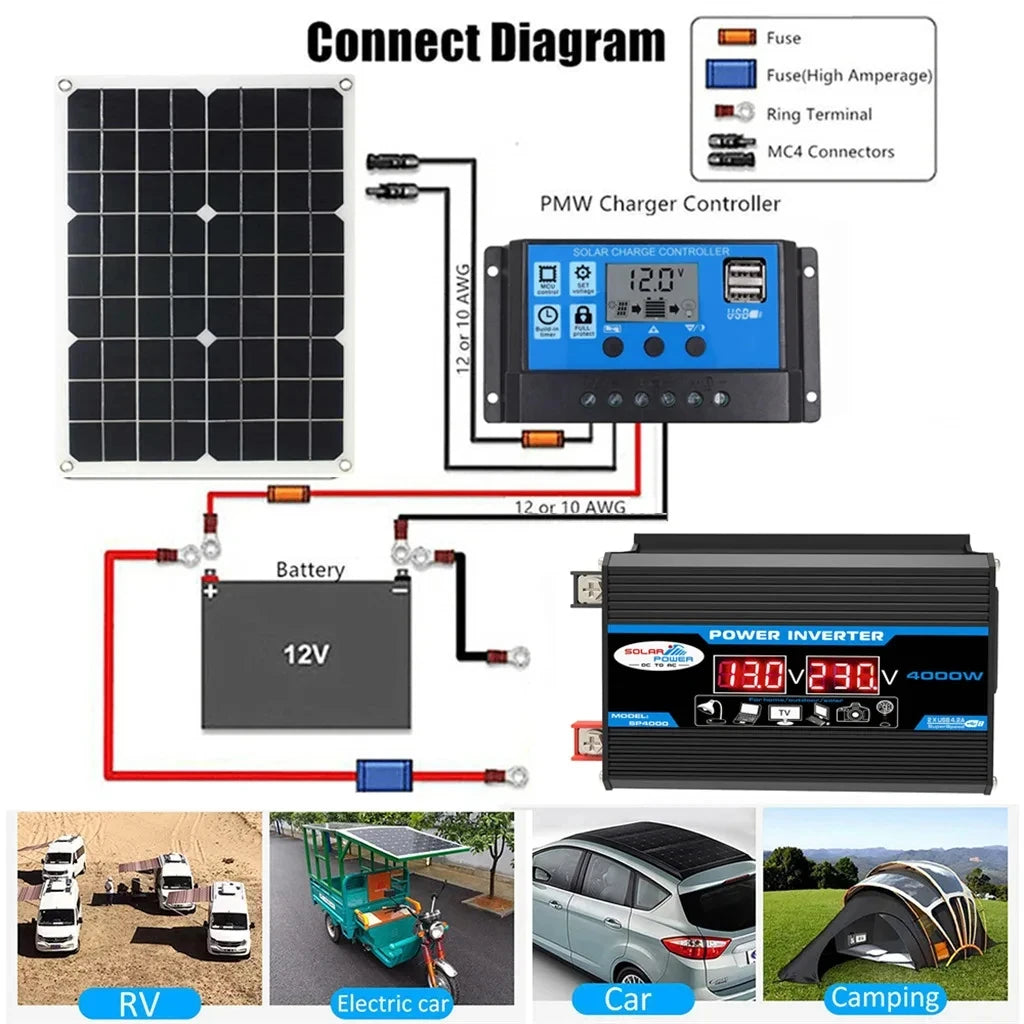 12V/220V Solar Panel System Solars Panels 4000W Solar Inverter Kit Battery Chargers Controller Complete Power Generation Oasis Select