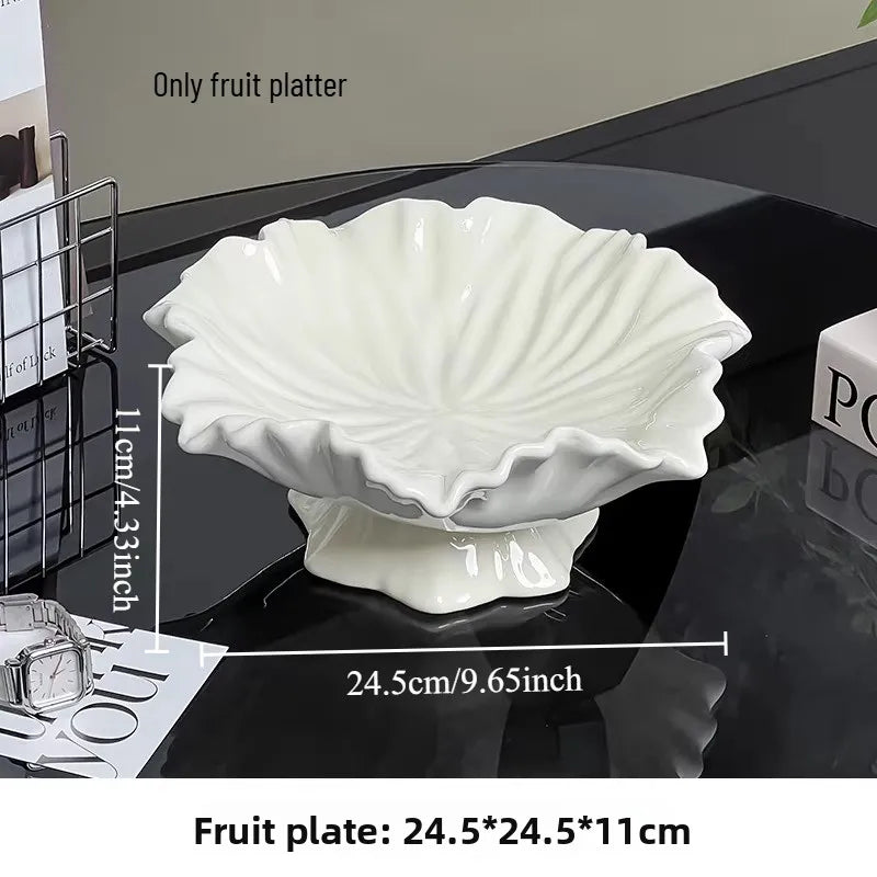 Ceramic High-end Fruit Tray Living Room Coffee Table Home Light Luxury Creative Lotus Leaf Candy Tray Oasis Select milky white