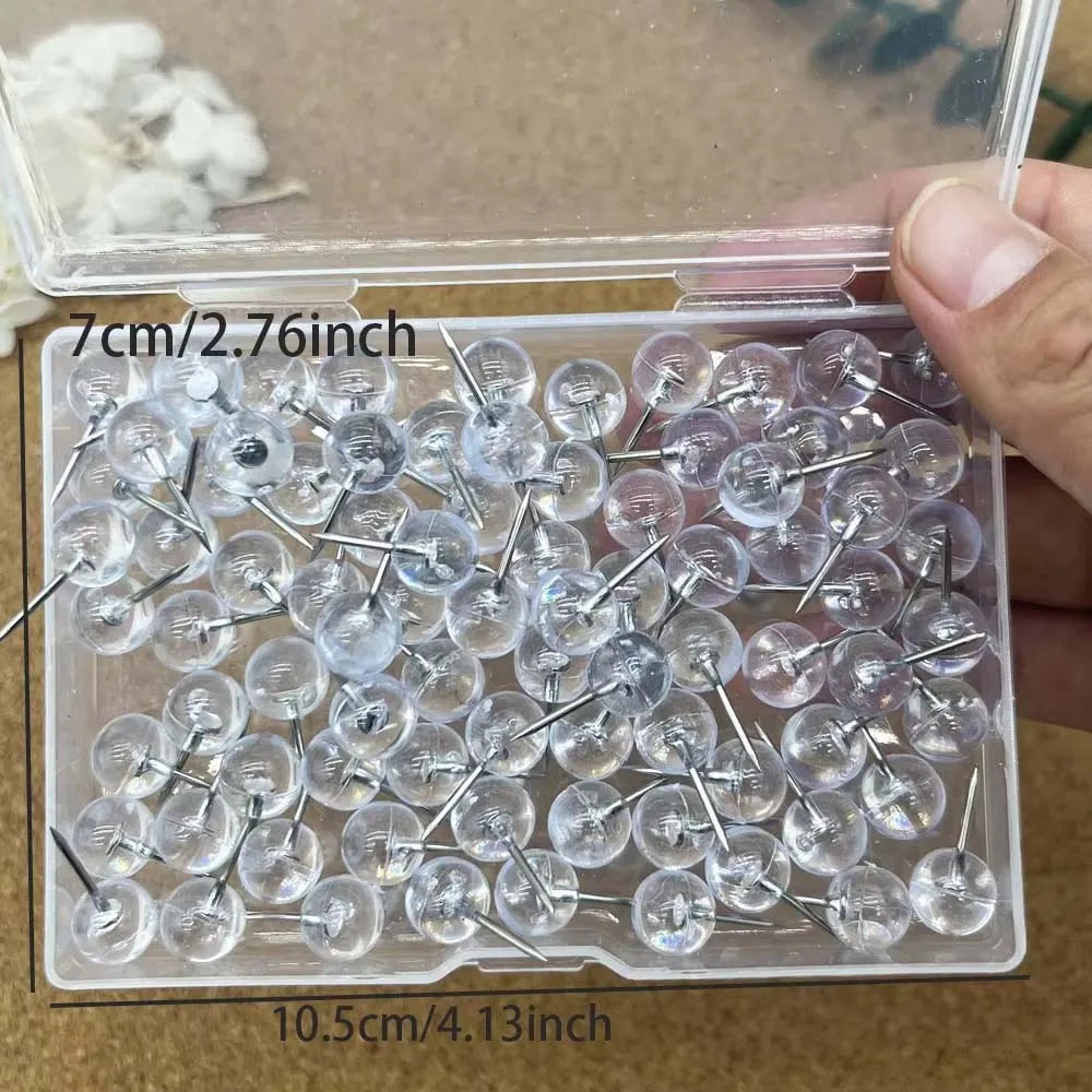 100pcs Push Pins, Map Thumb Tacks Steel Point and Transparent Plastic Round Head for Bulletin Board, Fabric Marking, Crafts Oasis Select 1box 100pcs
