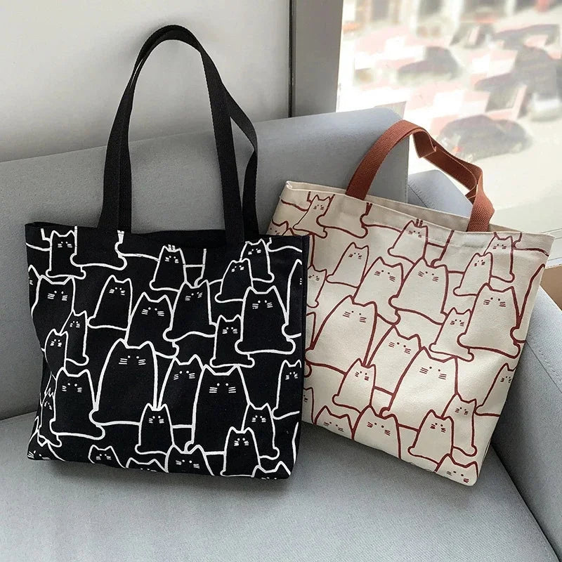 Canvas Bags Handbag for Women Shopper Cute Cat Tote Bag with Zipper Designer Bag Japanese Style Cartoon Small Shoulder Oasis Select