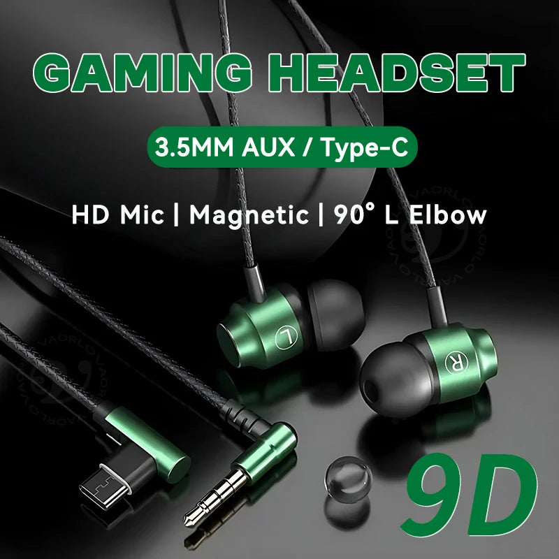 9D HIFI Heavy Bass Game Earphones 3.5MM AUX/Type-C 90° L Elbow Metal Magnetic Music Earbuds With Mic In-Ear Headsets For Android Oasis Select