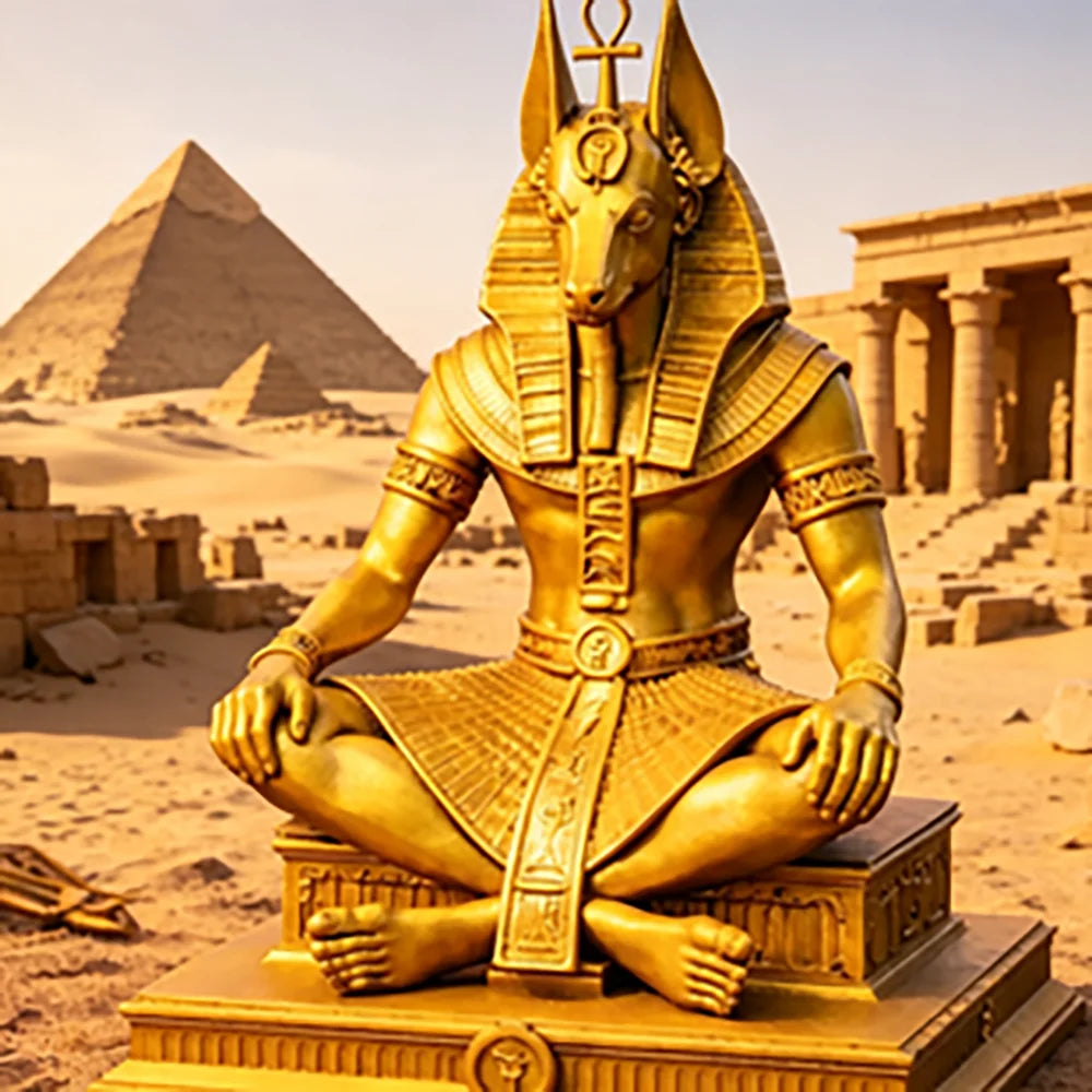 Gold Plated Anubis Guardian Sculpture Ancient Egyptian Jackal God Sitting Statue Spiritual Altar Tabletop Decor Collectible Oasis Select
