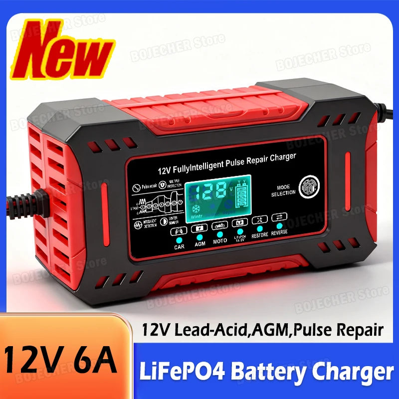 14.6V 6A LiFePO4 Battery Charger LCD Display 12V 6A Max Smart Pulse Repair Battery Charger For Car Moto Lead Acid AGM Batteries Oasis Select