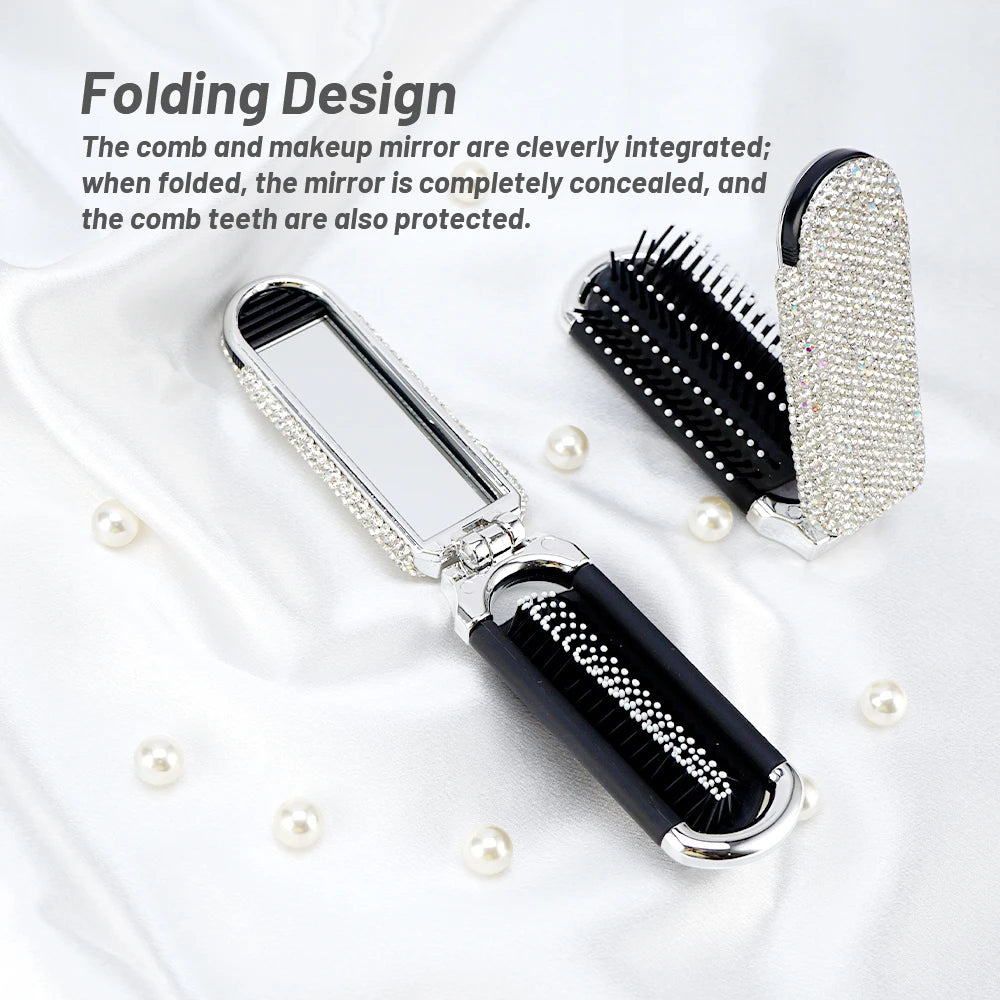 Crystal Foldable Hair Brush with Mirror – Compact Pocket Size Foldable Hair Brush Oasis Select