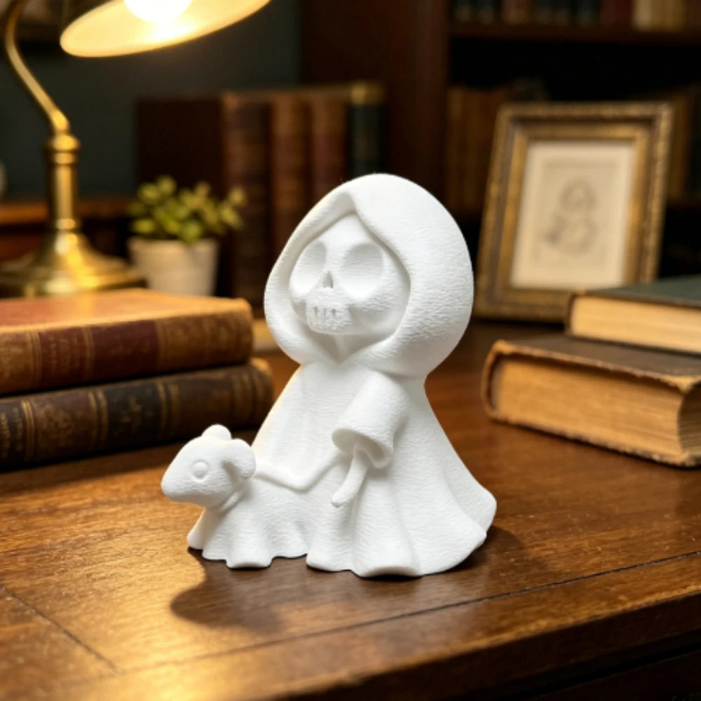 Miniature Grim Reaper Figurines with Ghost Puppy 3D Printed Cute Skeleton Ghost Walking Dogs Statues DIY Paintable Desktop Decor Oasis Select
