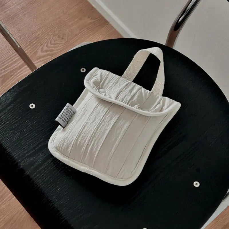 Minimalist Quilted Nylon Mini Bag Portable Small Handbag With Handle Snap Button Closure Casual Pouch For Daily Commute Travel Oasis Select White