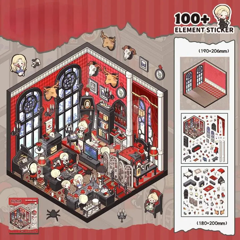 Kawaii 3D Cartoon Miniature Scene Adventure Pocket Cabin Visual Stacking and Pasting Three dimensional Stickers Children Gifts Oasis Select A4