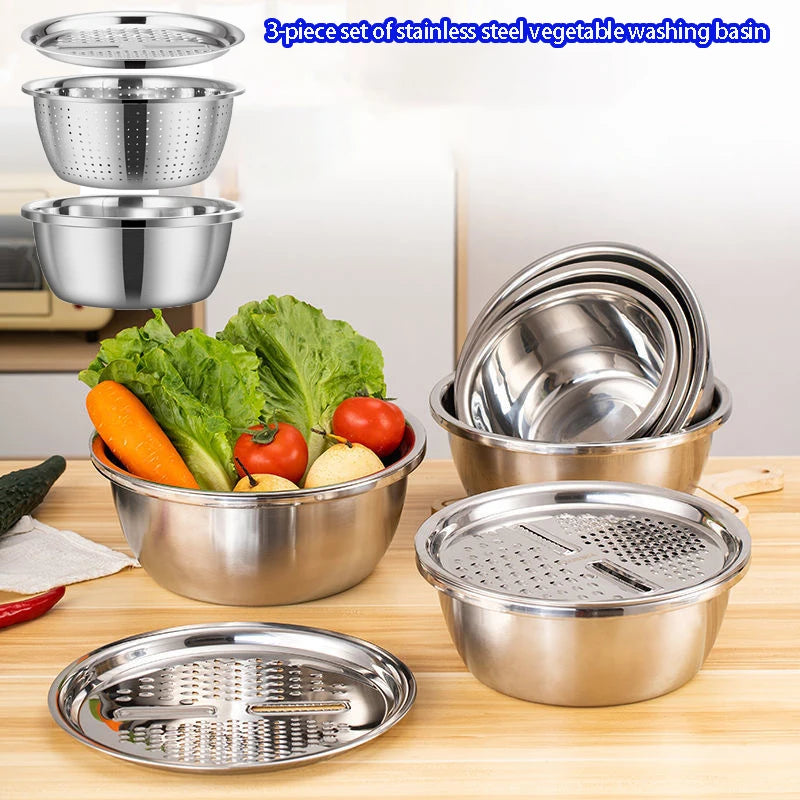 3-Piece Stainless Steel Multifunctional Strainer, and Mixing Bowl for Washing and Slicing Fruits, Vegetables Oasis Select