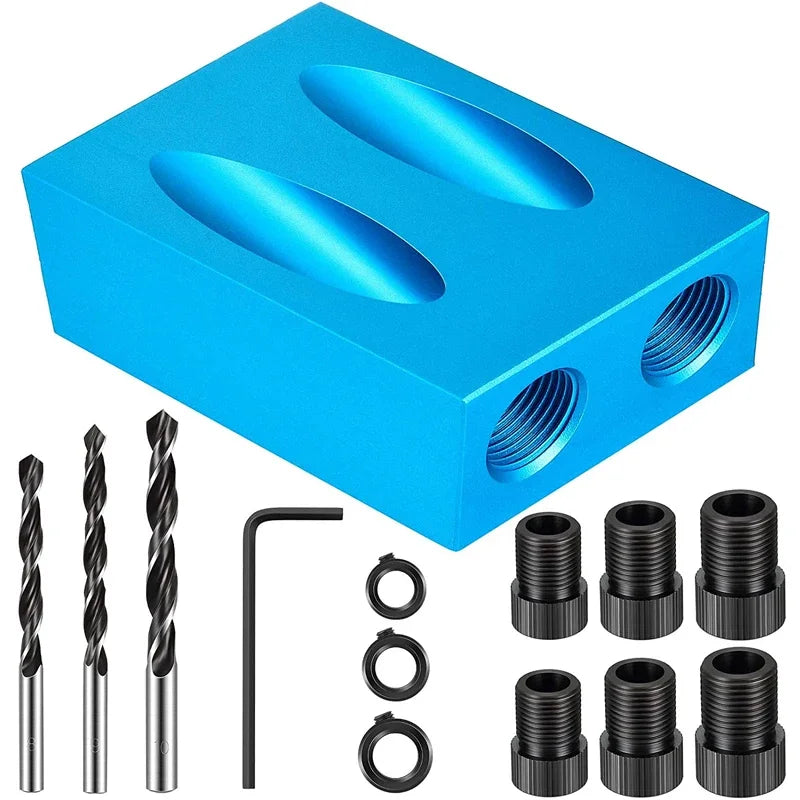 Woodworking Oblique Pocket Hole Locator Jig Kit 15 Degree Angle Drill Guide Set Hole Puncher DIY Carpentry Tools Drill Bits Oasis Select 14 pcs set