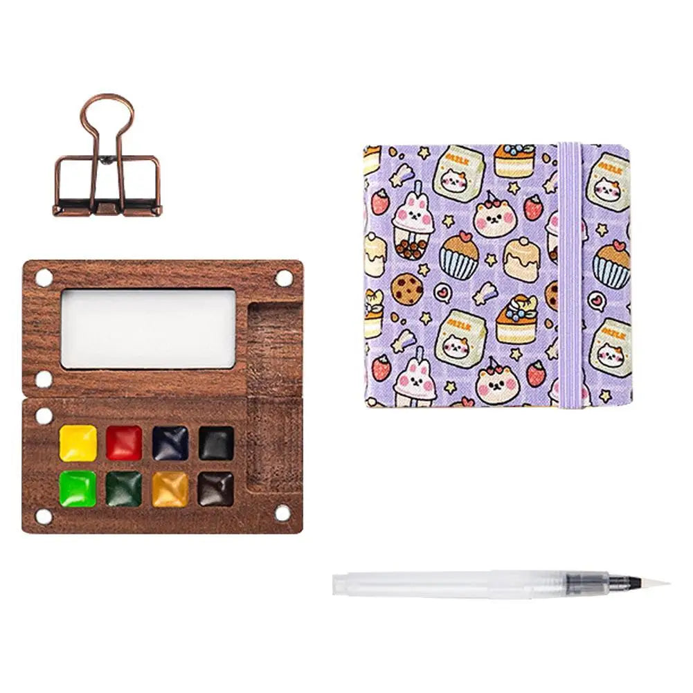 Travel Watercolor Palette Set – Wooden Paintbox & Sketchbook