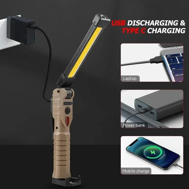 USB Rechargeable LED Work Light 1000 Lumens COB Lantern with Power Capacity Indicator Handled Flashlight for Outdoor Car Repair Oasis Select