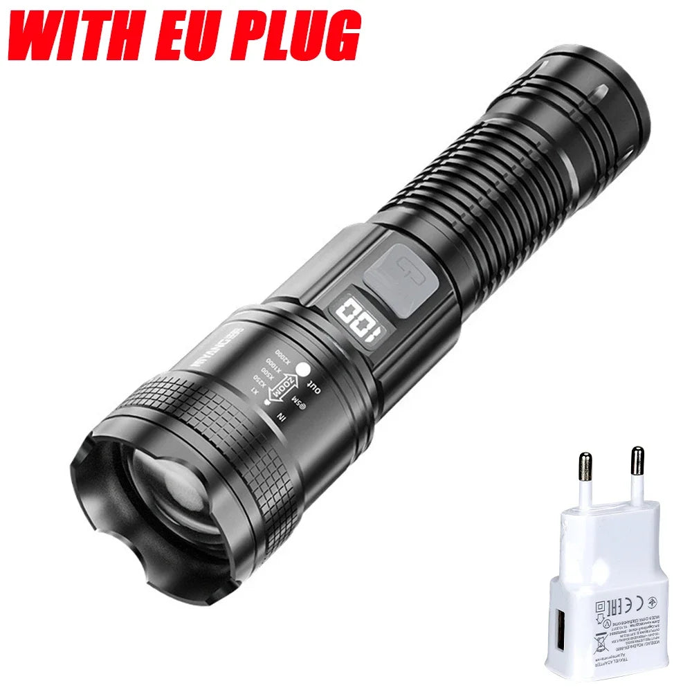Super Bright LED Flashlight with Battery Display Rechargeable Light Telescopic Zoom Torch Lamp Outdoor Camping Fishing Lantern Oasis Select 1PC with EU Plug