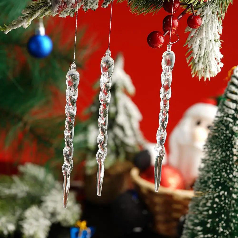 12pcs Acrylic Simulation Ice Xmas Tree Hanging Clear Fake Icicle Pendant Ornament Merry Christmas Party Decoration New Year Oasis Select