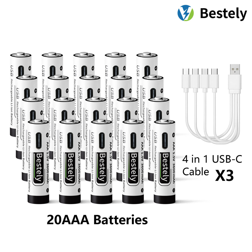 AAA Battery Rechargeable Li-Ion 1.5V 3600mAh 2000 Cycles USB-C Fast Charging Long-Lasting with free USB- C Cable Oasis Select 20 pcs Batteries