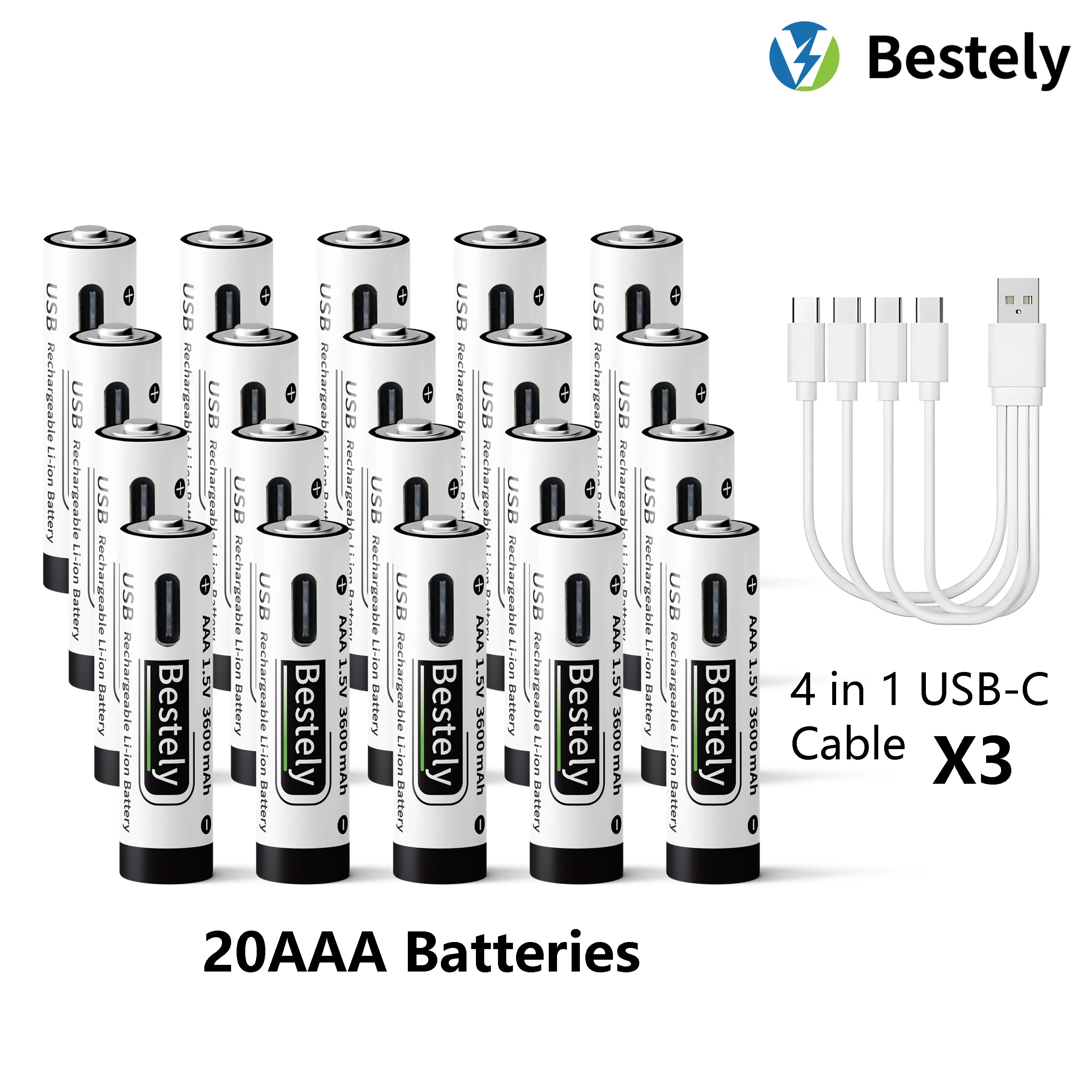 AAA Battery Rechargeable Li-Ion 1.5V 3600mAh 2000 Cycles USB-C Fast Charging Long-Lasting with free USB- C Cable Oasis Select 20 pcs Batteries
