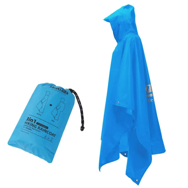 3-in-1 outdoor rain poncho is a waterproof multi-functional PU rain poncho suitable for hiking trekking camping and travel. Oasis Select Blue