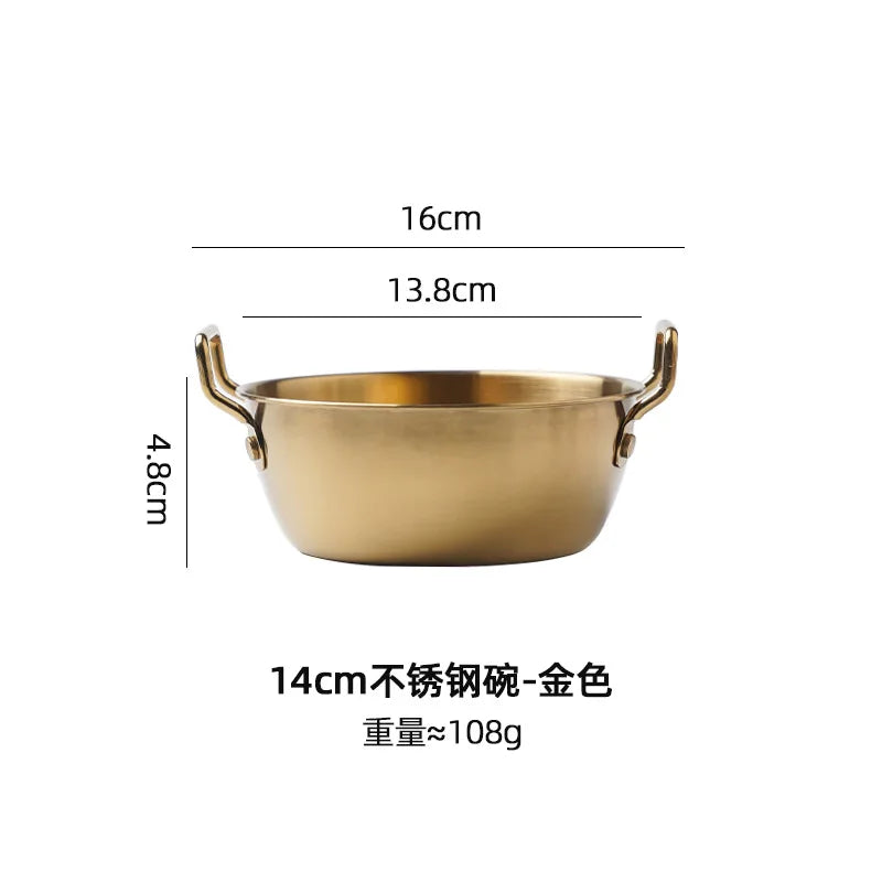 1Pcs Korean Style Cuisine Bowl Durable Stainless Steel Rice Wine Bowls Household Double Ear Snacks Plate Instant Noodle Bowl Oasis Select gold-M