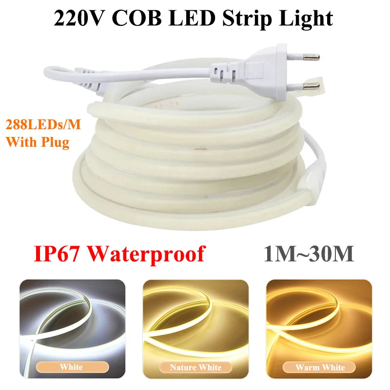 AC 220V COB LED Strips Lights Waterproof LED Outdoor Light 288 LEDs/M 1M-30M LED Light For Room Decoration With Switch And Plug Oasis Select