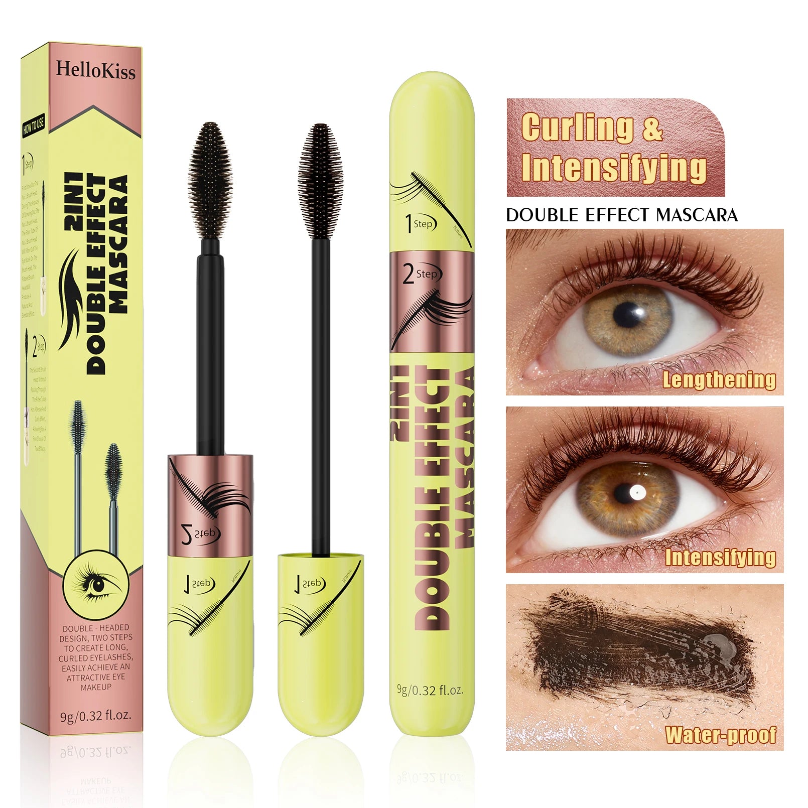 Hello Kiss Brown Waterproof Mascara – Dual Brush Clump-Free
