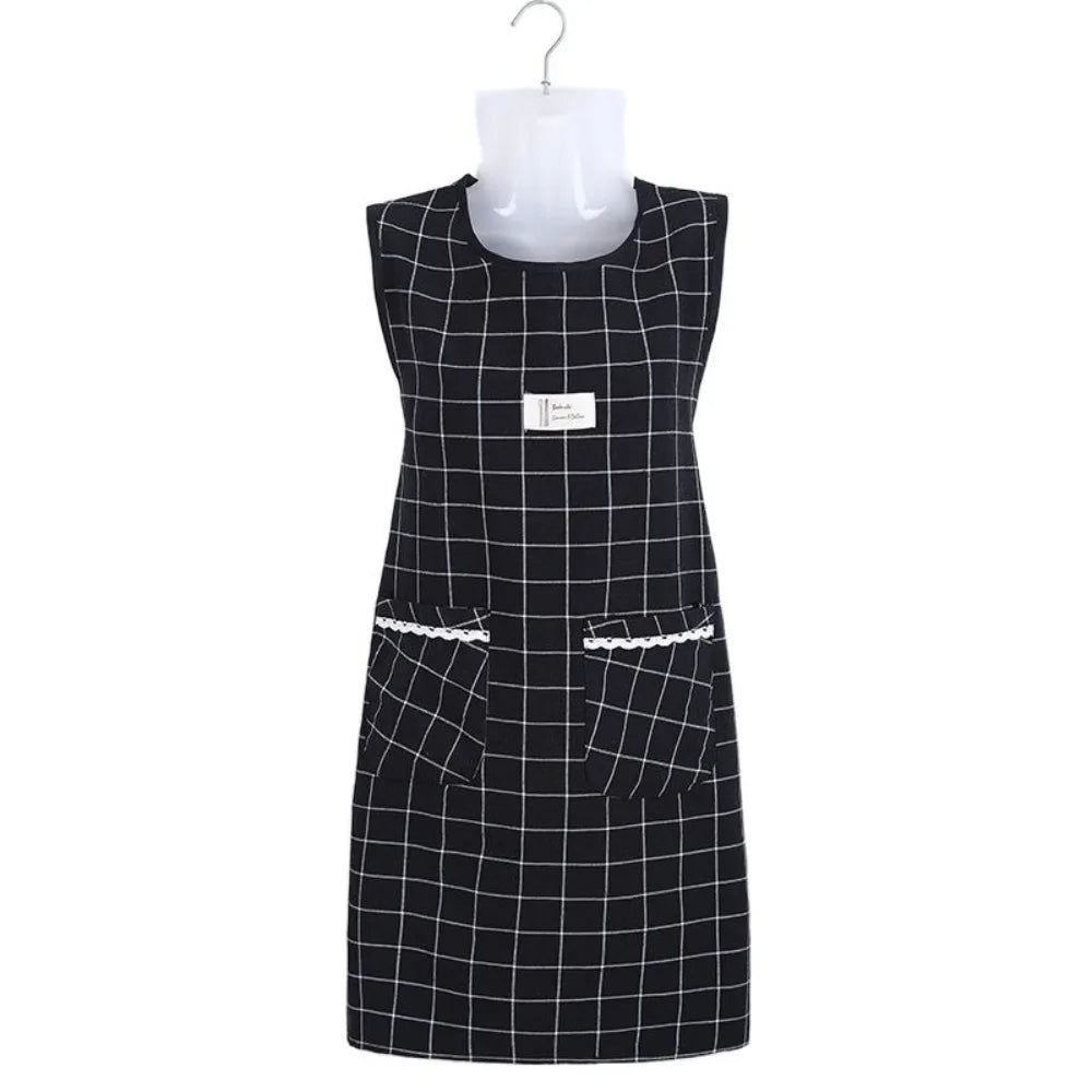 Women's Plaid Cotton Sleeveless Apron – Oil-Proof, Large Pocket