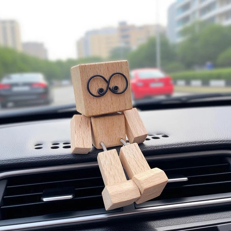 Shaking Wooden Man Figurine With 12 PCS Magnetic Expressions Handmade Shaking Feet Wooden Car Dashboard Decorations Creative Oasis Select