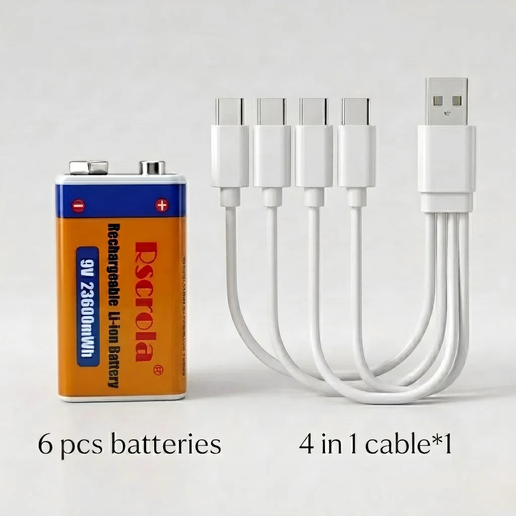 9V 23600mWh Li-ion Rechargeable Battery,USB Type-C Direct Charging Lithium Battery for Multimeter, Microphone, Toys,1500+ Cycles Oasis Select 9v 6 pcs 9v Batteries