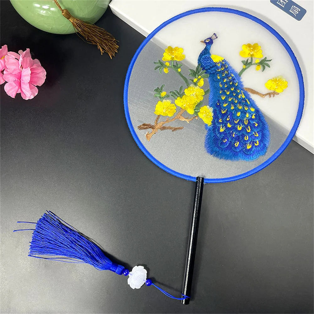 Round Double Sided Embroidery Fan Chinese Style Wooden Handle Embroidery Round Fan with Pendant Handheld Flower Silk Fan Oasis Select Style 2