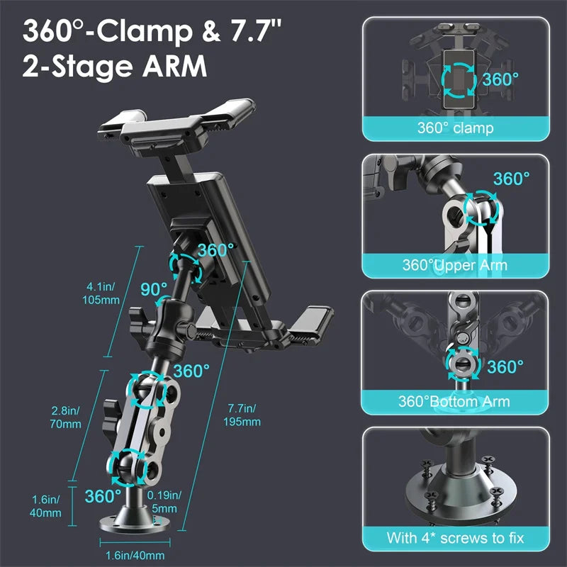 Car Phone Holder Aluminum Heavy Duty Drill Base Tablet Holder Car Mount Dashboard 360° Adjustable 2-Stage Stand For 4.7-13" IPad Oasis Select