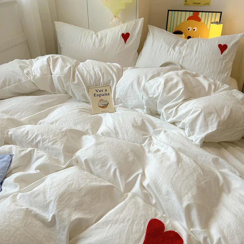 Washed Cotton Bedding Set Super Soft Cool Black Duvet Cover Set Heart-shaped Towel Bedding Skin Friendly Duvet Covers Bed Sheets Oasis Select White 150x200 4pcs