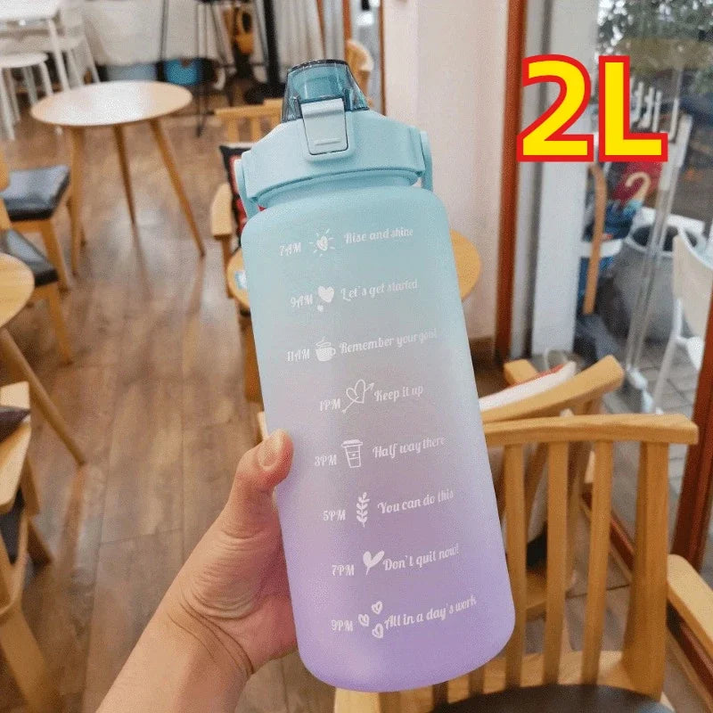 1-3PCS Sports Water Bottle for Running Drinking Bottle 2L Motivational with Time Marker Stickers Portable Reusable Plastic Cups Oasis Select 2L-green purple Select style